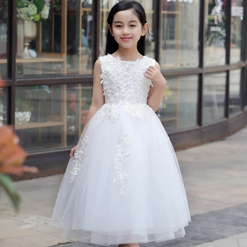 

White Long Flower Girl Dress Tulle Lace Beaded Ball Gown Kids Birthday Party Dresses Girl Princess Dress