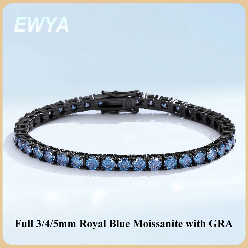 

EWYA Full Royal Blue Moissanite 3/4/5mm Tennis Bracelet for Men Women Unisex 925 Silver Plated 18K Black Gold Hip Hop Bracelets