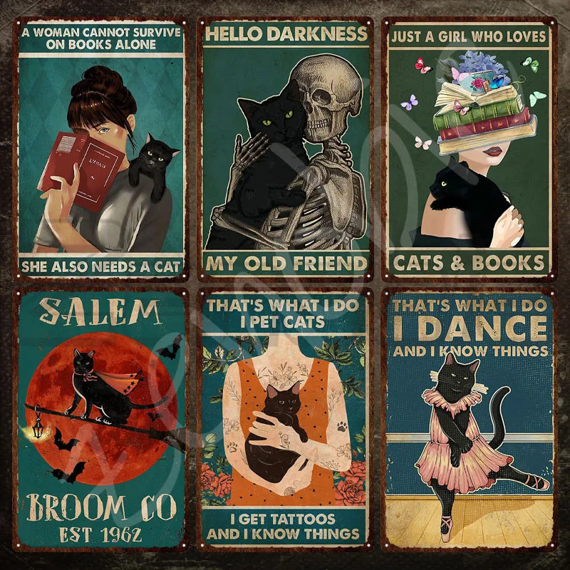 

Металлический знак, Настенный декор, книги и милые черные кошки, винтажный жестяной знак, декоративные настенные Стикеры, железная живопись для украшения дома