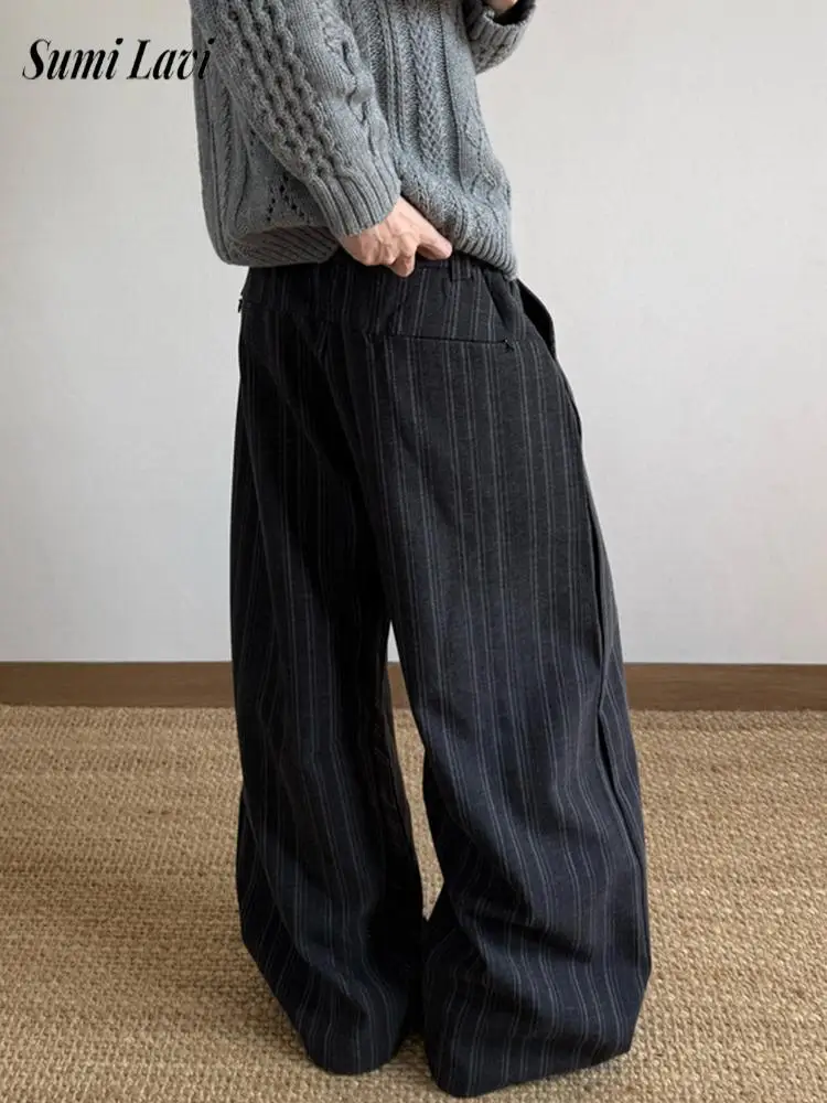 

Stylish Men's Pleated Striped Print Pants Streetwear Vintage Loose Straight Trousers Mens 2026 Spring Autumn Daily Casual Pants