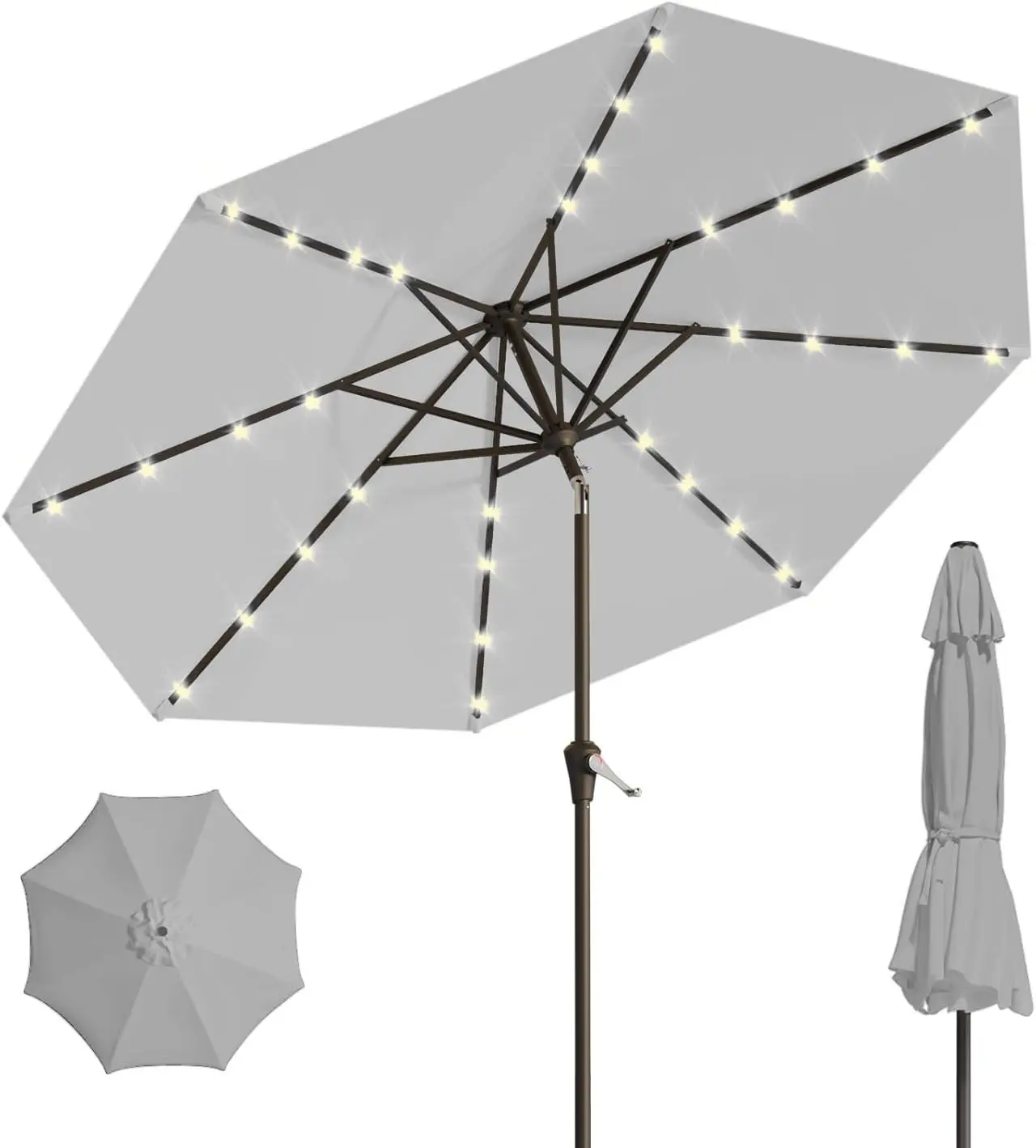 

9FT Solar Patio Umbrella with 32 LED Lights, Tilt & Crank, UV-Resistant for Pool Garden Deck in Light Gray