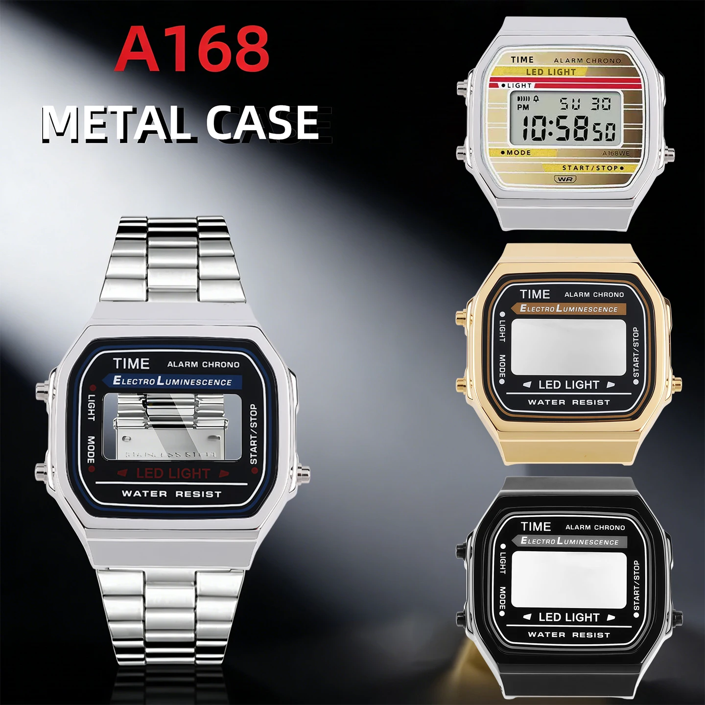 Para Casio pequeño cuadrado A168WA-1W caja de acero inoxidable A168 WG-9W caja de Metal mejorada negro/oro/plata accesorio de reloj modificado
