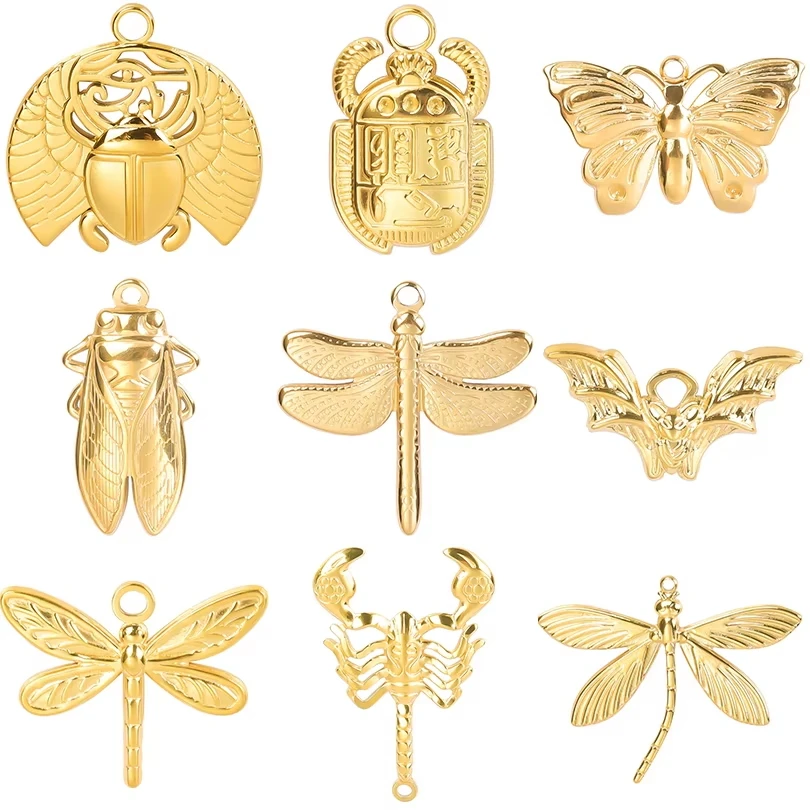 10 sztuk starożytny egipski chrząszcz chrząszcz wisiorki Charms ważka ze stali nierdzewnej wisiorek z motylem do tworzenia biżuterii naszyjnik DIY