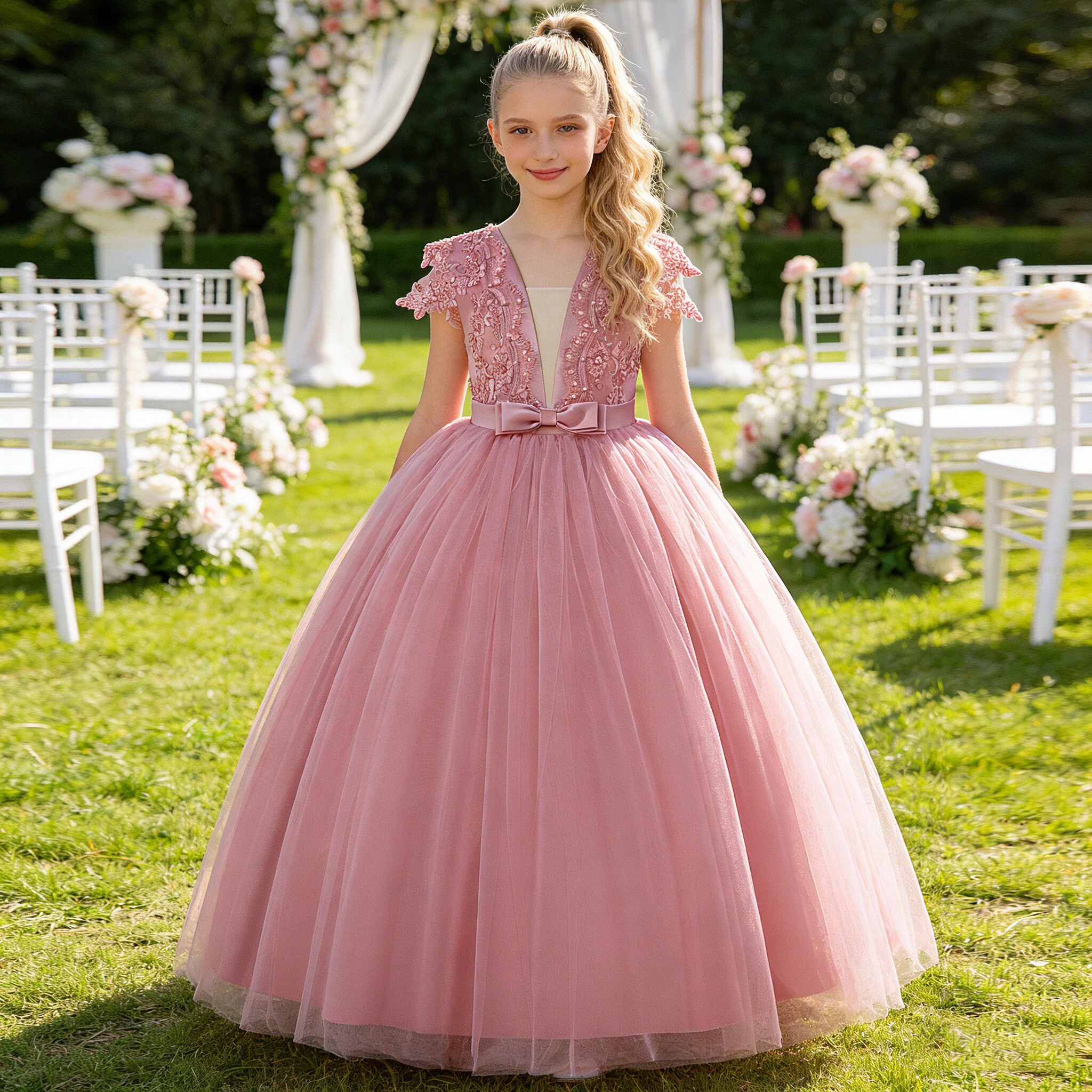 

Модное платье подружки невесты с цветочным узором для девочек, элегантное тюлевое платье для свадебной вечеринки, платья принцессы для выпускного вечера для девочек, вечерние костюмы на день рождения с бантом