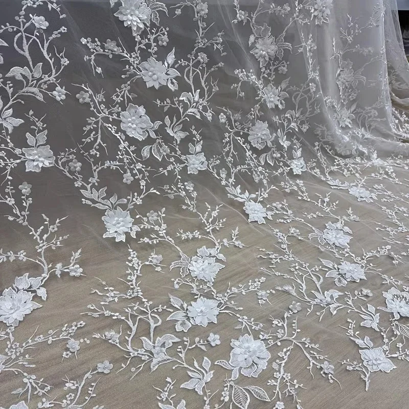 Delicate Transparent Mesh Lace Fabric With Pearl Flower Applique Soft Sheer Textile Wedding Dress Stage Outfit Creative Design