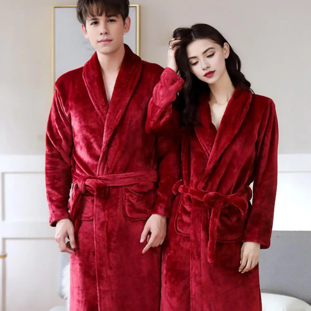 Winter Pajama Luxurious Coral Fleece Couple Nightgowns with Adjustable Lace Up Belt Warm Cozy Unisex Homewear for Winter Nights