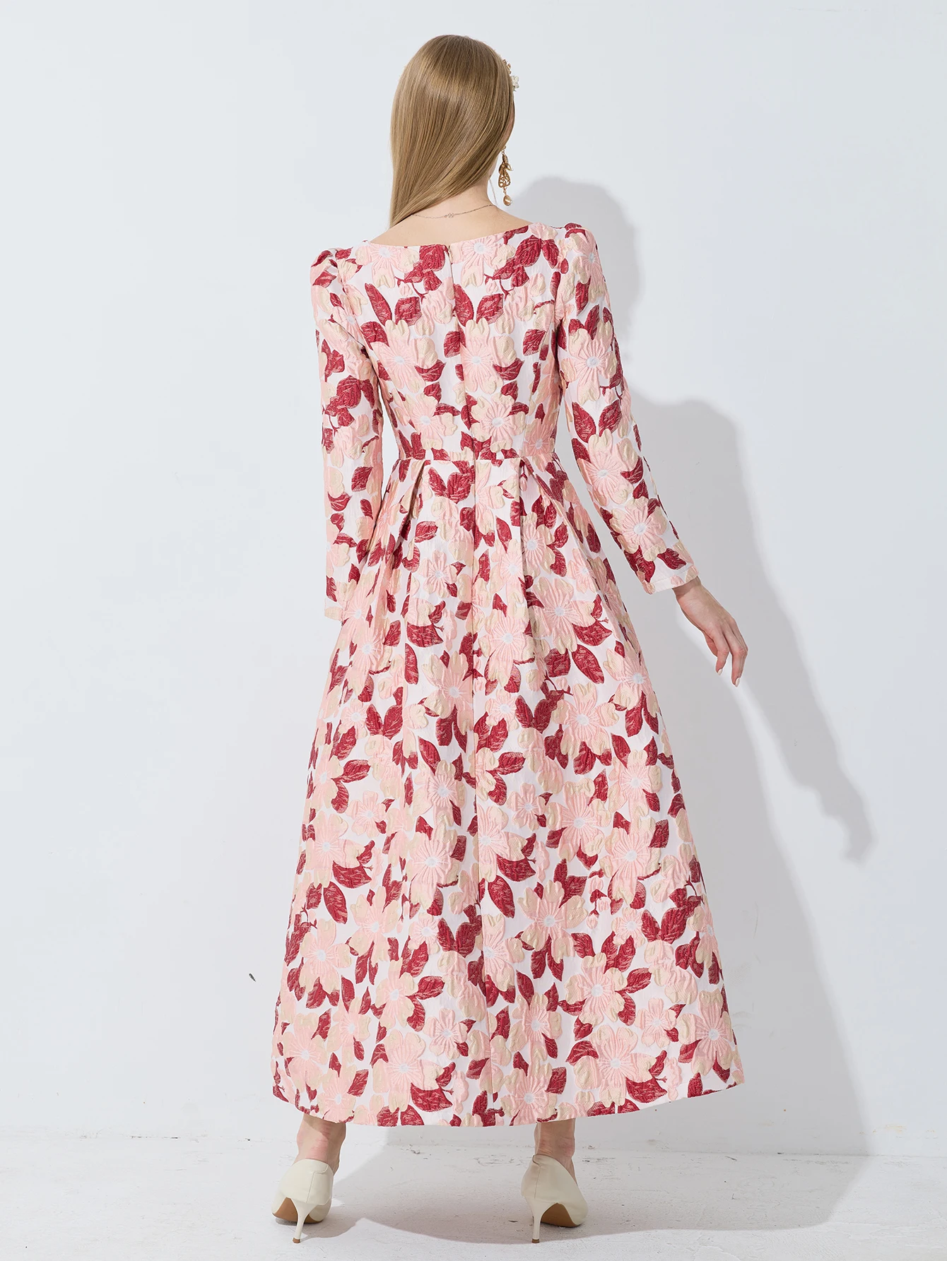 DEVCHATA 우아한 여성용 긴 소매 맥시 원피스 보호 꽃 자카드, 파티 캐주얼 의류, 볼 가운, 패션