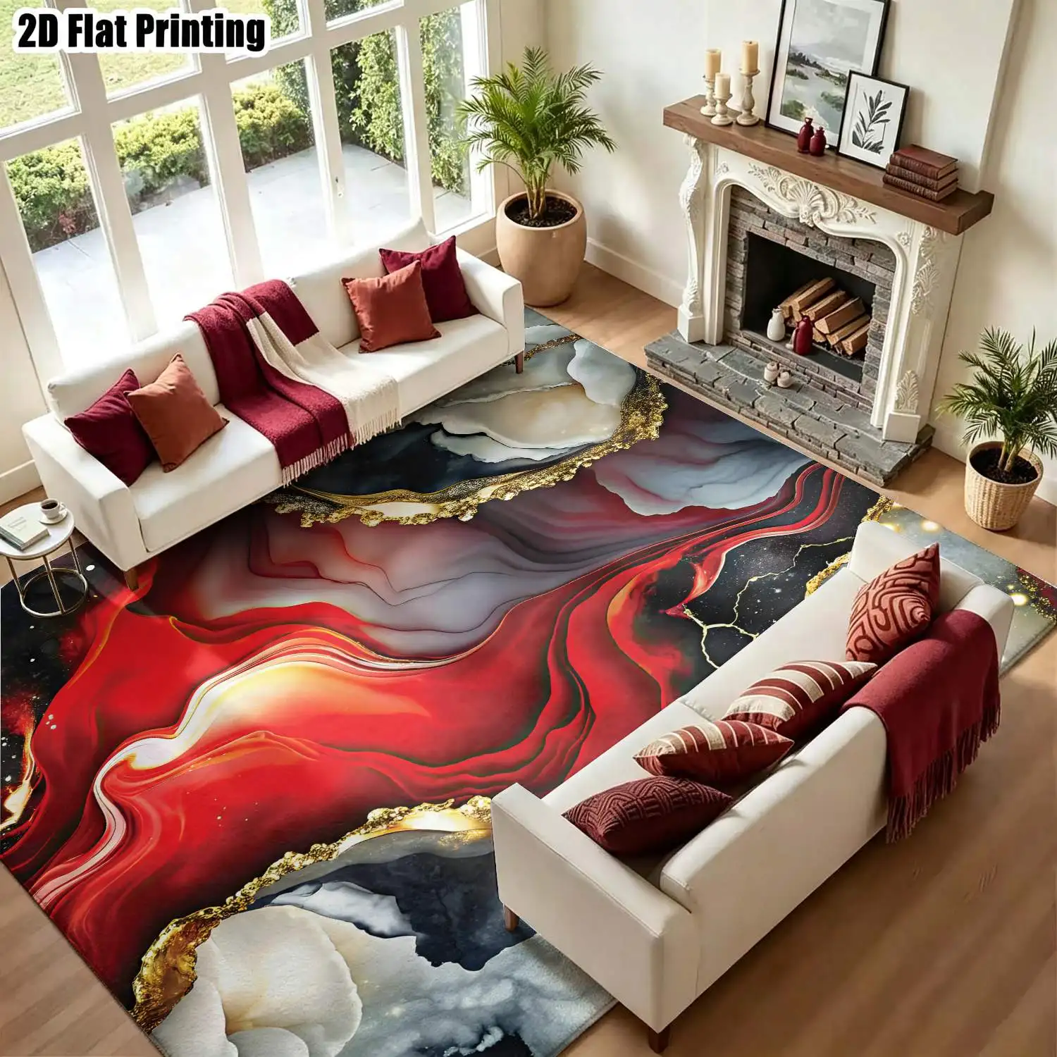 1Pc 2D Printed Abstract Art Carpet: Red, Black & Gray European/Instagram-Style, Modern Minimalist Geometric Line Floor Mat, Home Decor, Multi-Size, Machine Washable, Suitable for Entrance, Living Room, Bedroom, Dining Room, Foyer.