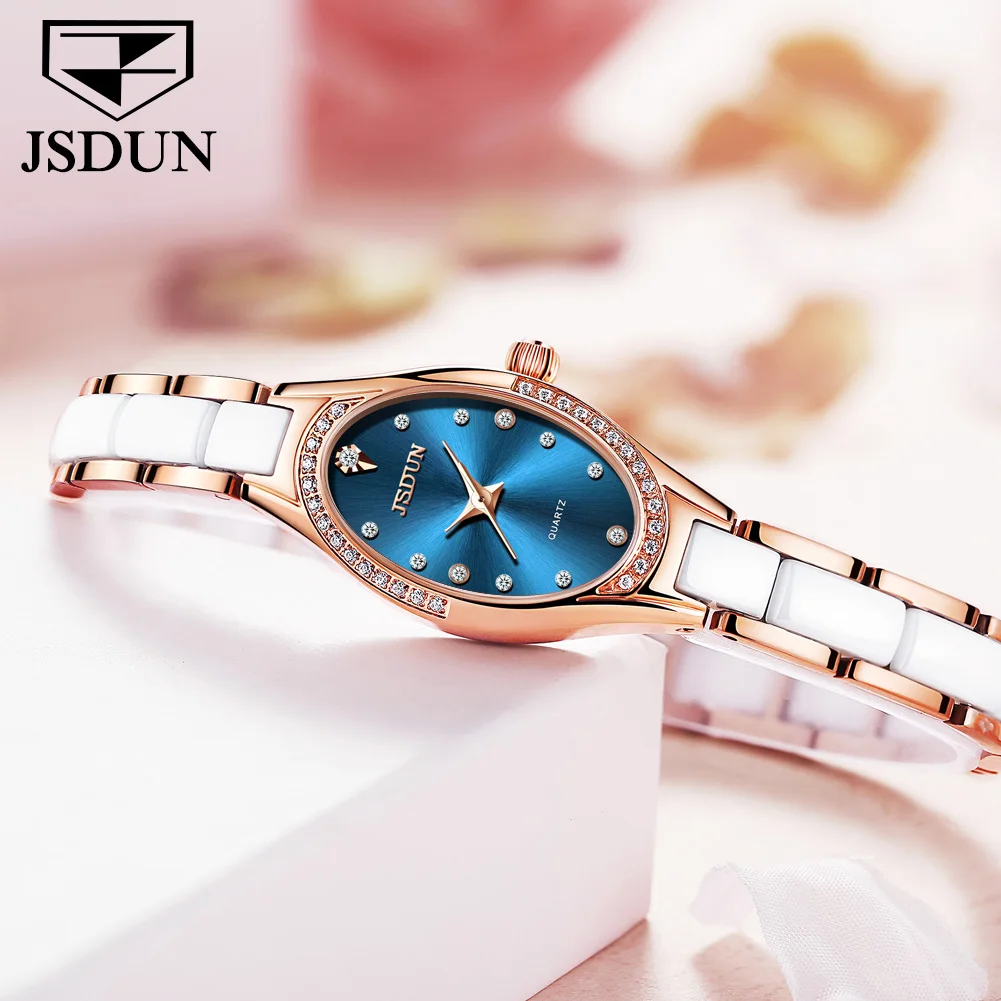 JSDUN Swiss Quartz Watch for Woman Elegant Luxury Rose Gold Ceramics Steel Strap Fashion Oval Diamond Dial Bracelet Watches 8842