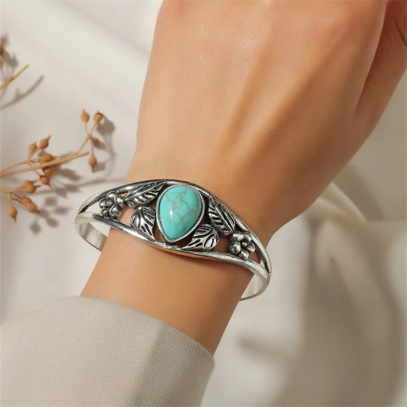 Vintage Natural Green Stone Bracelets Elegant Open Adjustable Cuff Bangles for Women Men Party Jewelry Gifts Free Shipping