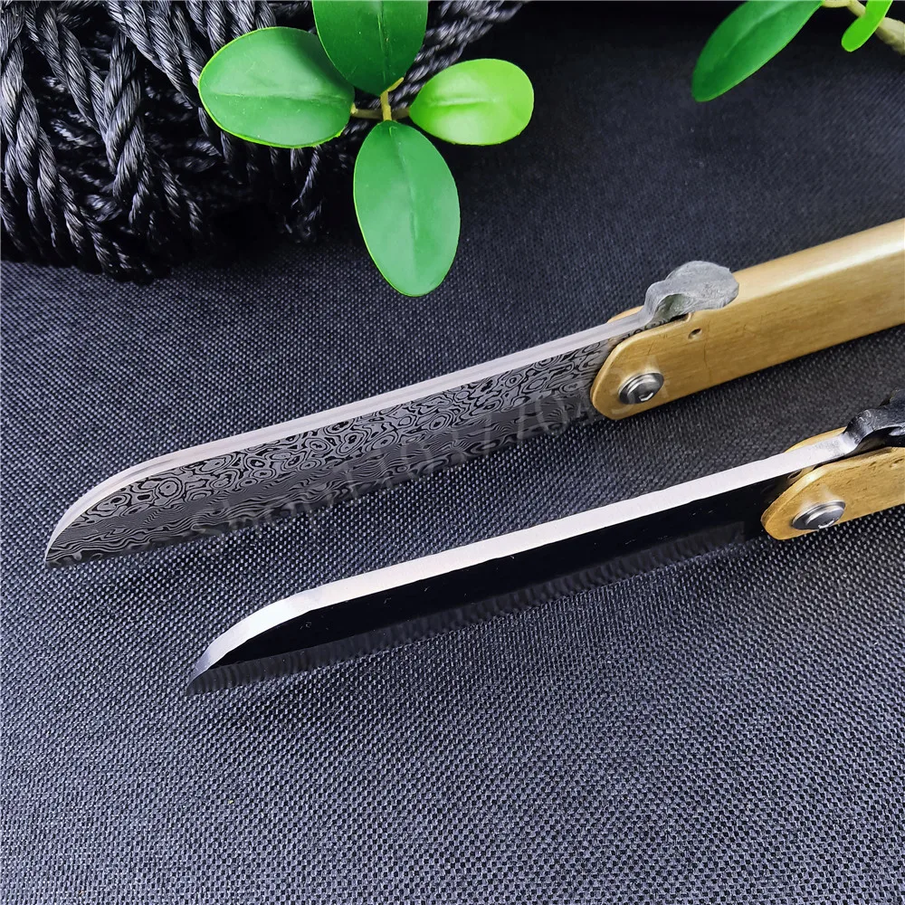 Mini Higonokami Kitchen Folding Pocket Knife Damascus Steel Blade Copper Handle Outdoor Survival Hunting Hiking Cutting EDC Tool