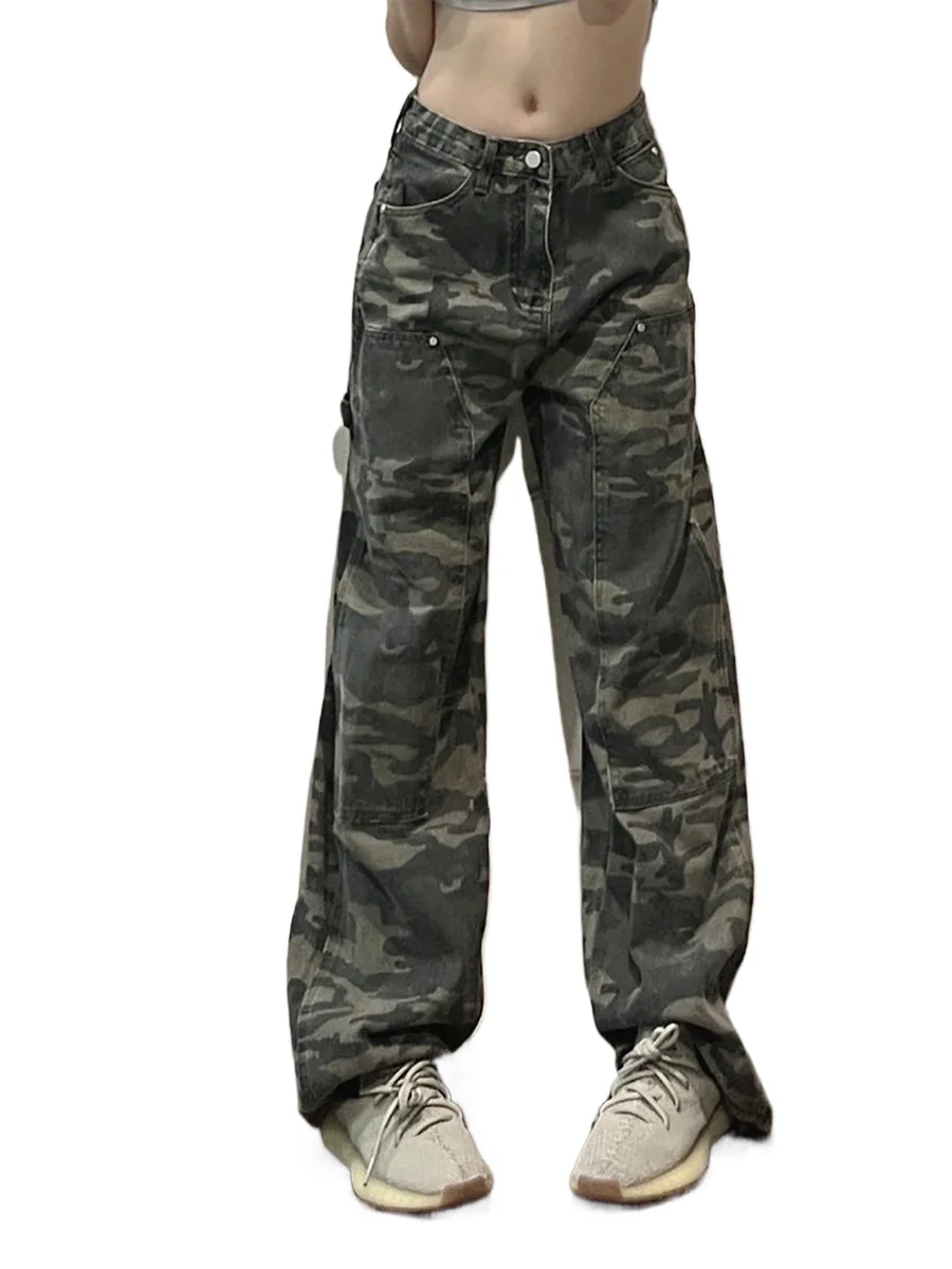 

American Retro High-waisted Jeans, Women's Spring Autumn Camouflage Design, Niche Straight-leg Long Pants, Loose Wide-leg Pants