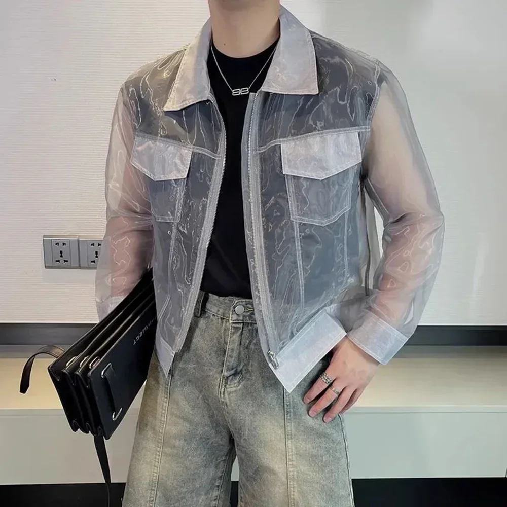 Summer Trendy Men Transparent Sunscreen Jacket Fashion Sexy Mesh Long Sleeve Lapel Top Solid Streetwear Zipper Coat