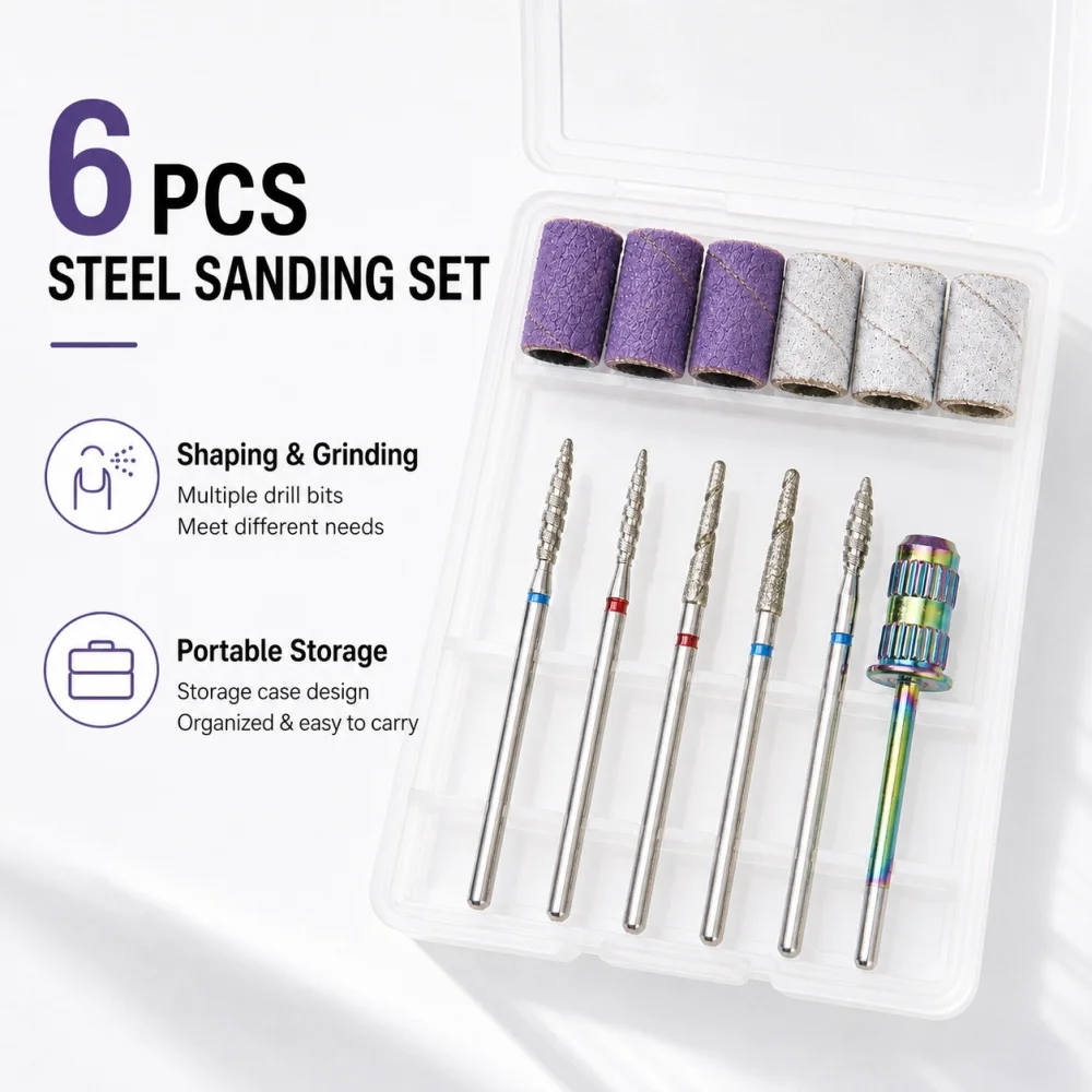 6Pcs Sanding Bands Mandrel Set – Diamond Drill Bits + Sanding Sleeves, Shank Included, Manicure Pedicure Tool