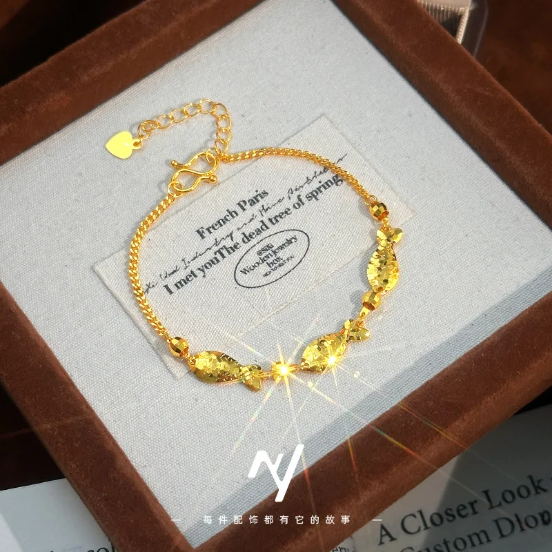 

Золотой браслет для женщин из настоящего золота 9999 пробы (24K) в том же стиле, с изысканным узором в виде маленьких рыбок, красивое украшение.