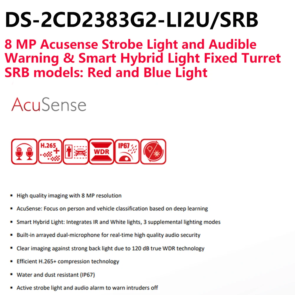 كاميرا Hikvision IP بدقة 8 ميجابكسل DS-2CD2383G2-LI2U/SRB ذكية هجينة خفيفة وميكروفون ومكبر صوت برج Acusense تحذير بالضوء الأحمر والأزرق
