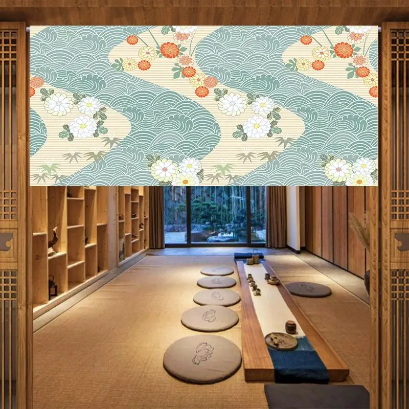 VIKAMA Green Waves Chrysanthemum Noren Curtain for Doorway Japanese Style Room Divider Traditional Zen Aesthetic Decor