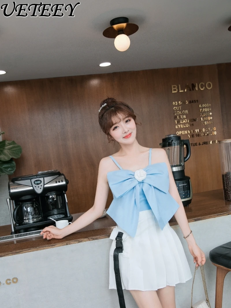 Capispalla con fiocco alla moda estiva Reggicalze corto con fiocco Gilet da donna Tinta unita Dolce vacanza al mare Hot Girl Crop Top