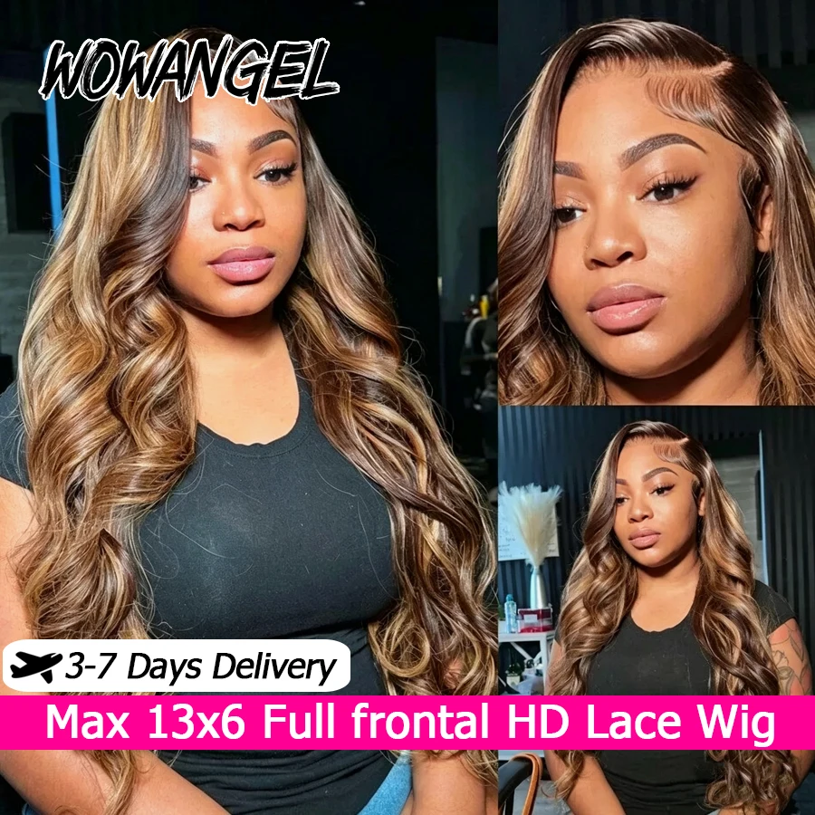 

WOWANGEL 13x6 HD Lace Frontal Wig P4/27 Highlight Body Wave Human Hair Wigs Honey Blonde Colored wigs Pre Plucked Brazilian Hair