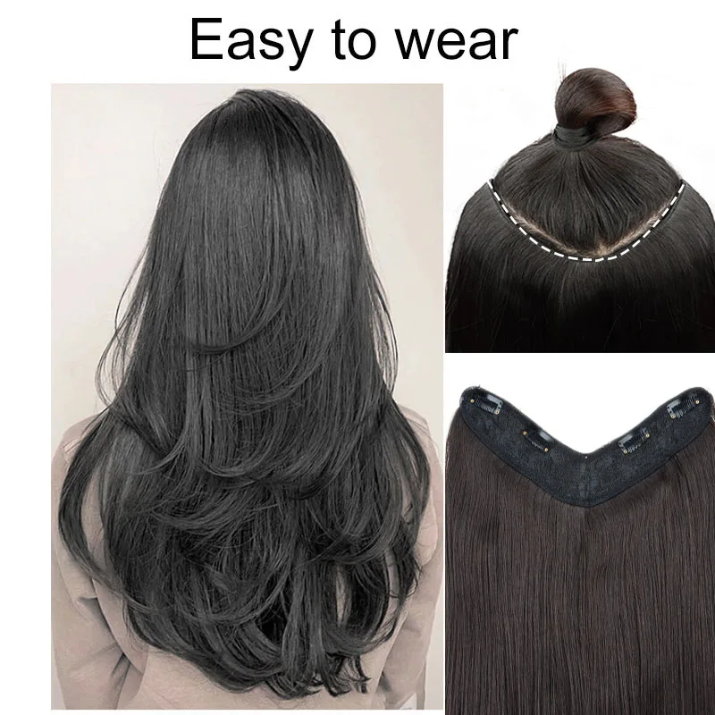 Extensión de cabello sintética larga y recta con capas, en forma de V, negra y rubia, invisible, para mujer, 22 pulgadas 5