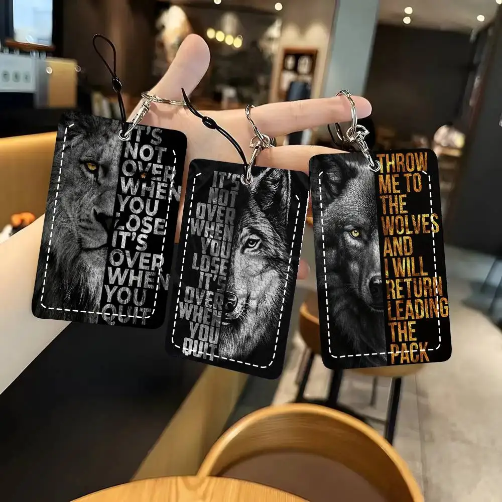 Animal Motivation Quote Lion Tiger Wolf Leopard Card Wallet With Keychain Fashion Print Bank Card Protective Holder