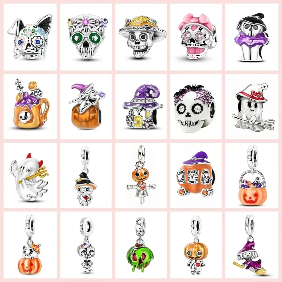 Halloween Party 925 Silver Luminous Skeleton Ghost Pumpkin Magic Witch Charm Bead Pendant DIY Bracelet Festival Jewlerly Gift