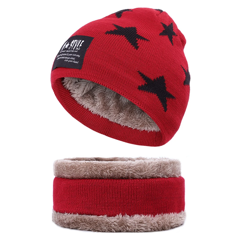 Children\'s Winter Woolen Hat Scarf Set Baby Boys Girls Korean Thick Warm Knitted Star Pattern Beanie Hat Kids  3-10year