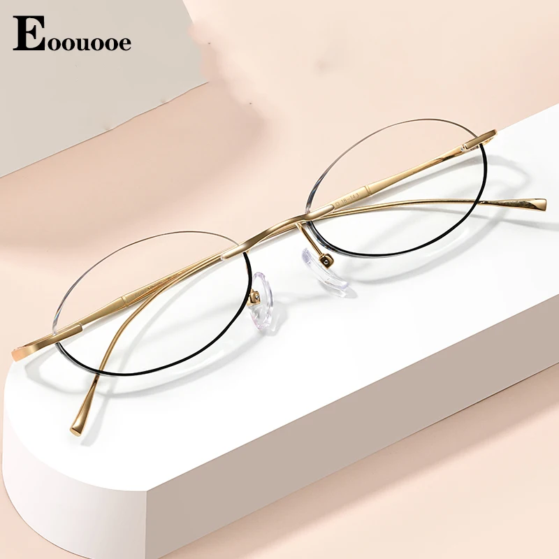 Vintage Pure Titanium Glasses For Women Men Oval Rimless Eyewear Oculos Opticos Blue Light Filtering Prescription Lens Gafas