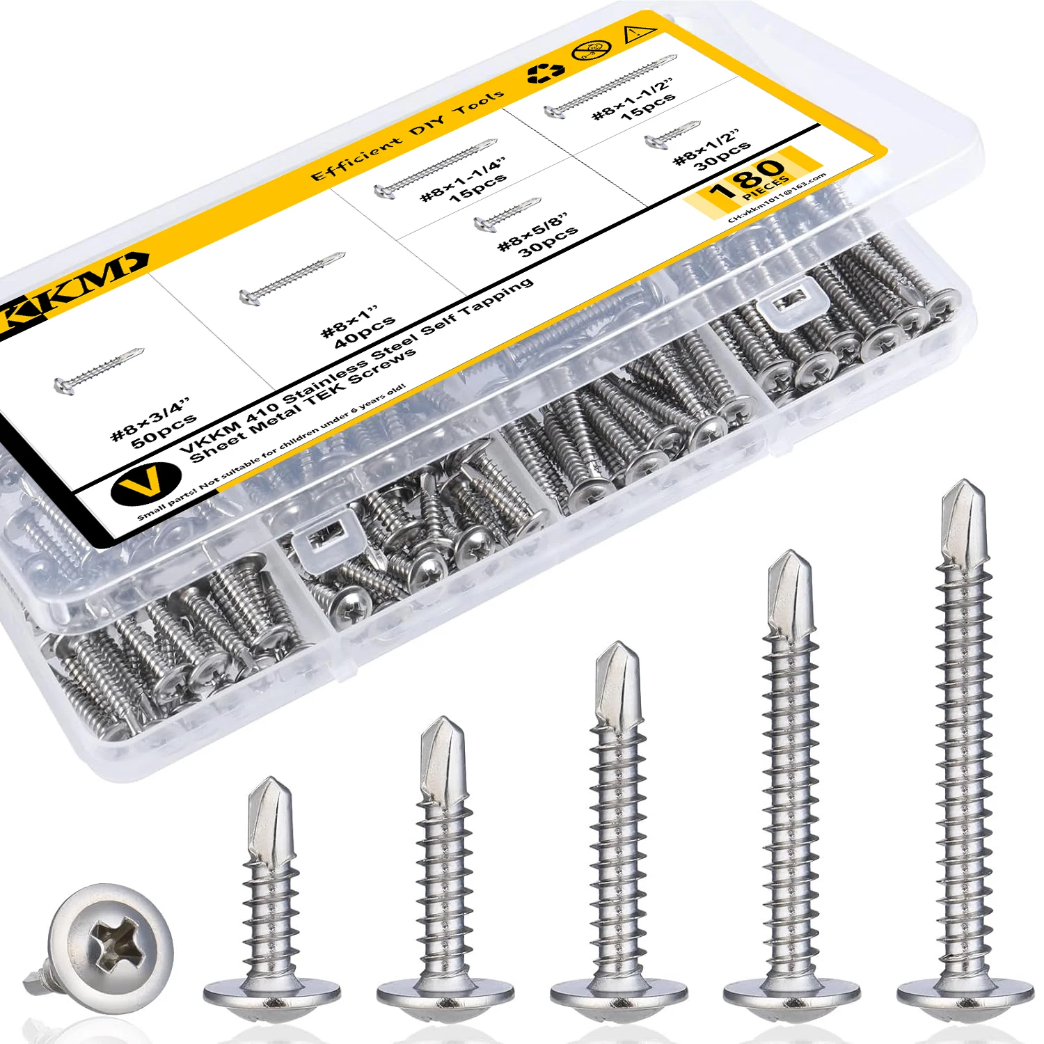 180pcs #8 Sheet Metal Screws Assortment Kit, 410 Stainless Steel Self Tapping Screws for Metal, Self Drilling Screws