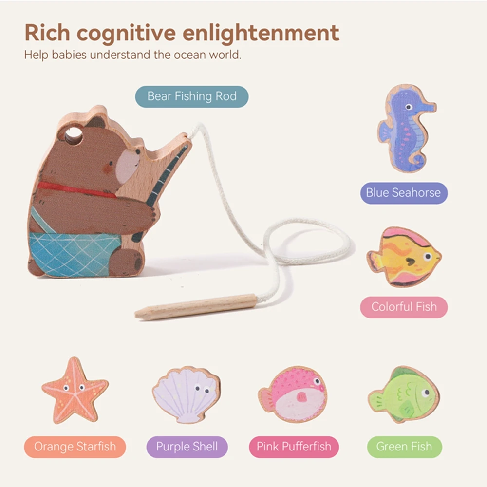 Baby Wooden Threading Toy Montessori Educational Toy for Kids Cartoon Bear Fishing Theme Threading Toy Fine Motor Skills Toys