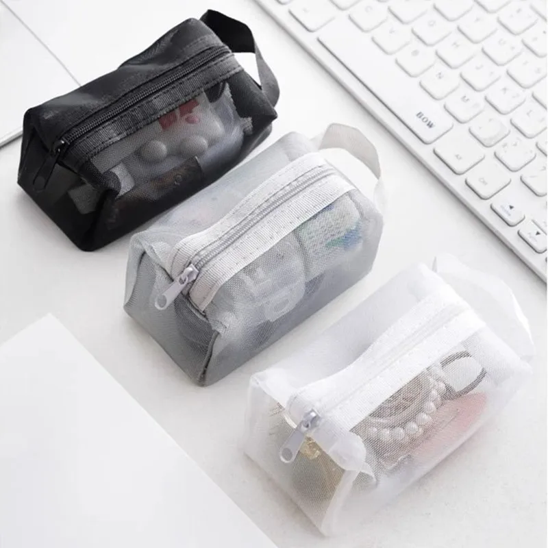 Bolsa Transparente com Zíper 11*7*5.5cm, Bolsa de Maquiagem Portátil em Nylon, Mini Bolsa de Armazenamento Cosmético, Organizador de Cartões, Chaves e