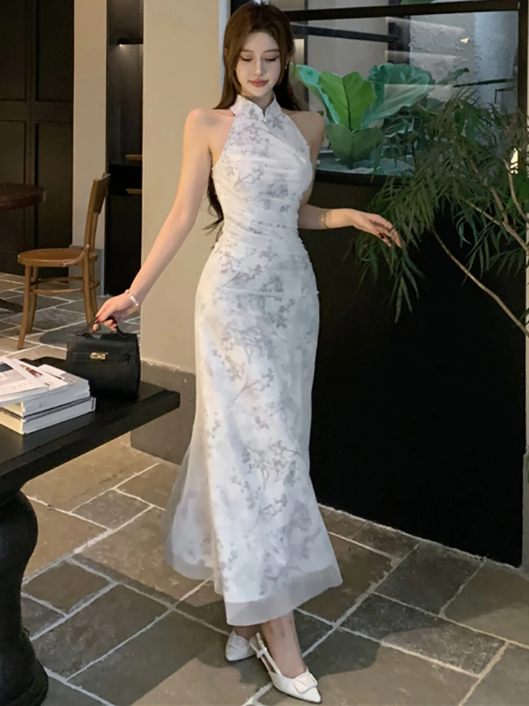 Summer White Print Mesh Neck-mounted Long Dress Women Elegant Luxury Cheongsam Dress 2025 Korean Fashion Bodycon Evening Dresses