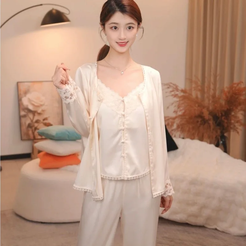 

Women's Ice Silk Pajamas Spring/Fall Set: Top, Tank Top, Long Pants Three-Piece Spring/Summer Sweet Lace Loungewear with Built-i