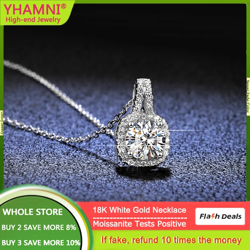 

YHAMNI Luxury Real 18K White Gold Round 2 Carat Moissanite Diamond Pendant Necklace For Women Wedding Party Bridal Fine Jewelry