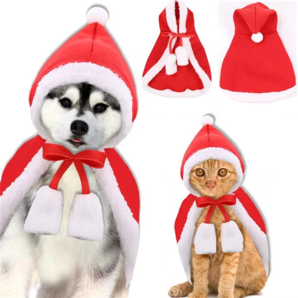 Cat Costume Santa Cosplay Funny Transformed Cat Dog Pet Christmas Cape Dress Up Warm Clothes Red Scarf Cloak Props Decor