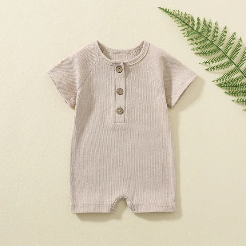 Baby jumpsuit summer solid short sleeved cotton thin baby wrap buttocks jumpsuit newborn crawling suit baby clothes pajamas