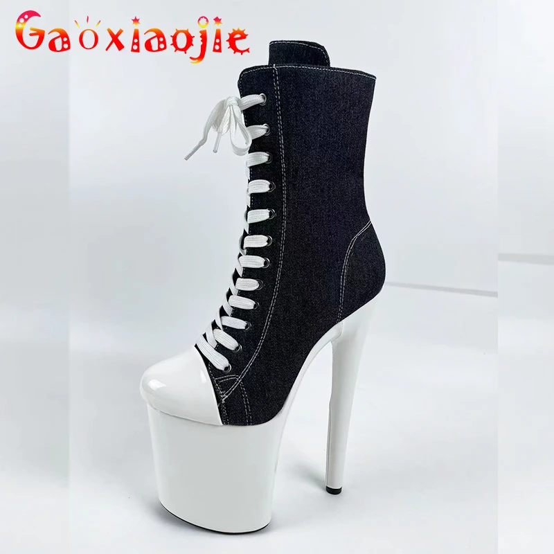 15 17cm 20CM Extreme High Heels Pumps Women Platforms Pole Dancing Lace-Up Short Boots Denim Fashion Model Shoes Fast Shipping