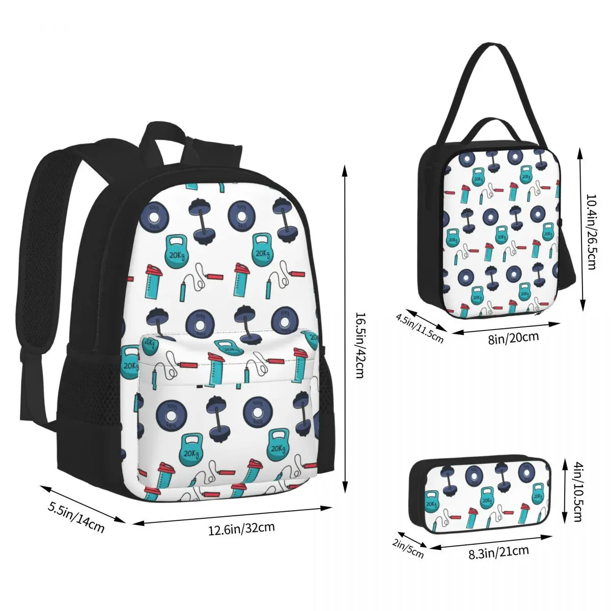 Gym Essentials Shaker, Kettlebell, Dumbbells, Rope Backpacks Kids Bookbag School Bags Rucksack Lunch Bag Pen Bag Three-Piece Set