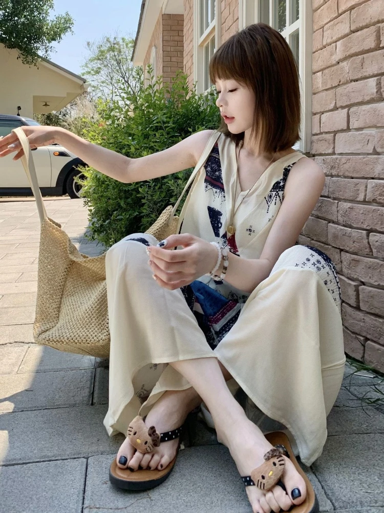 

Женский летний повседневный комбинезон в островном стиле с широкими штанинами, винтажным принтом, без рукавов, элегантный, с V-образным вырезом, фасон жилетка