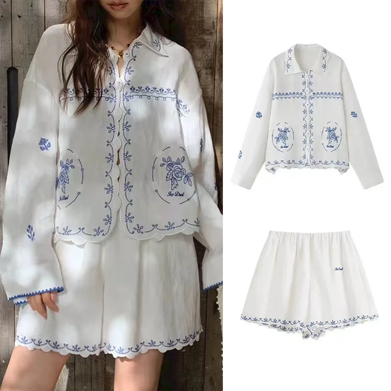 

Withered 2026 Spring/summer Fashion Refreshing Positioning Cross Embroidered Shirt Collar Top Shorts Set