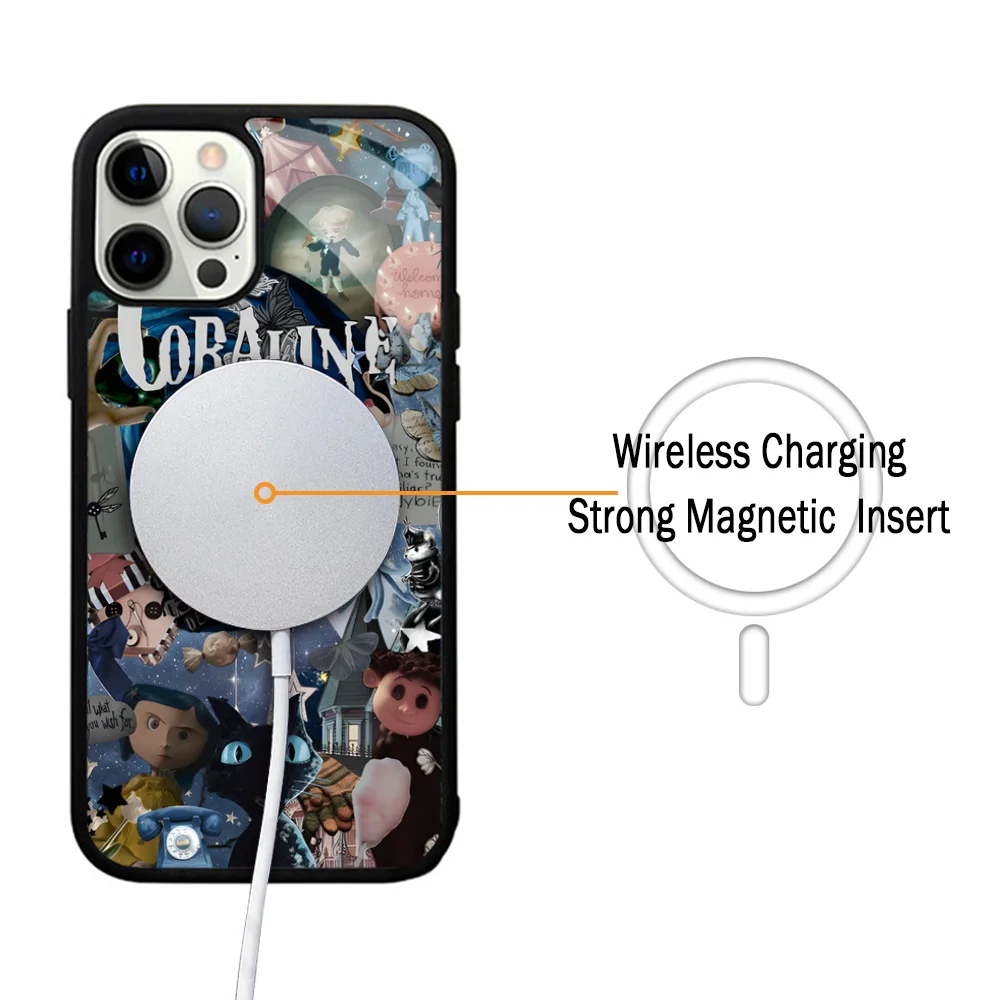 Cartoon C- CoralineS Phone Case For IPhone 11 12 13 14 15 Plus Pro Max Mirror Acrylic Cover For Magsafe Wireless Charging