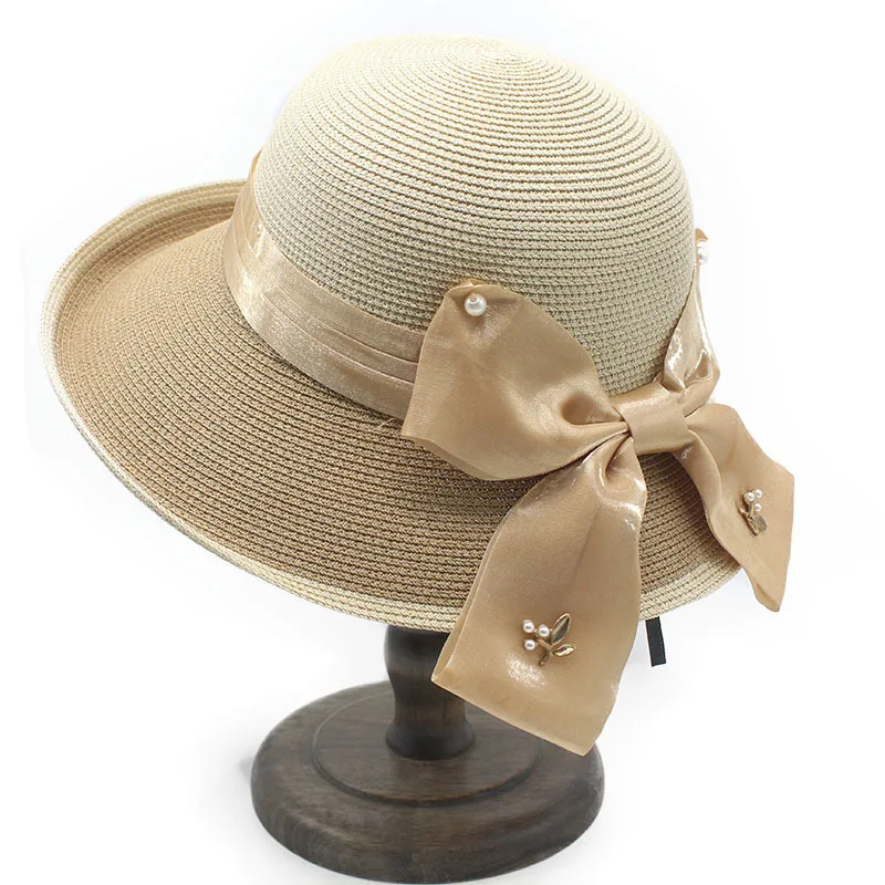 Curled Brim Fisherman Hat With Satin Bow, Sunshade Straw Hat, French Elegant Sun Hat, Fashionable Curled Brim Beach Hat