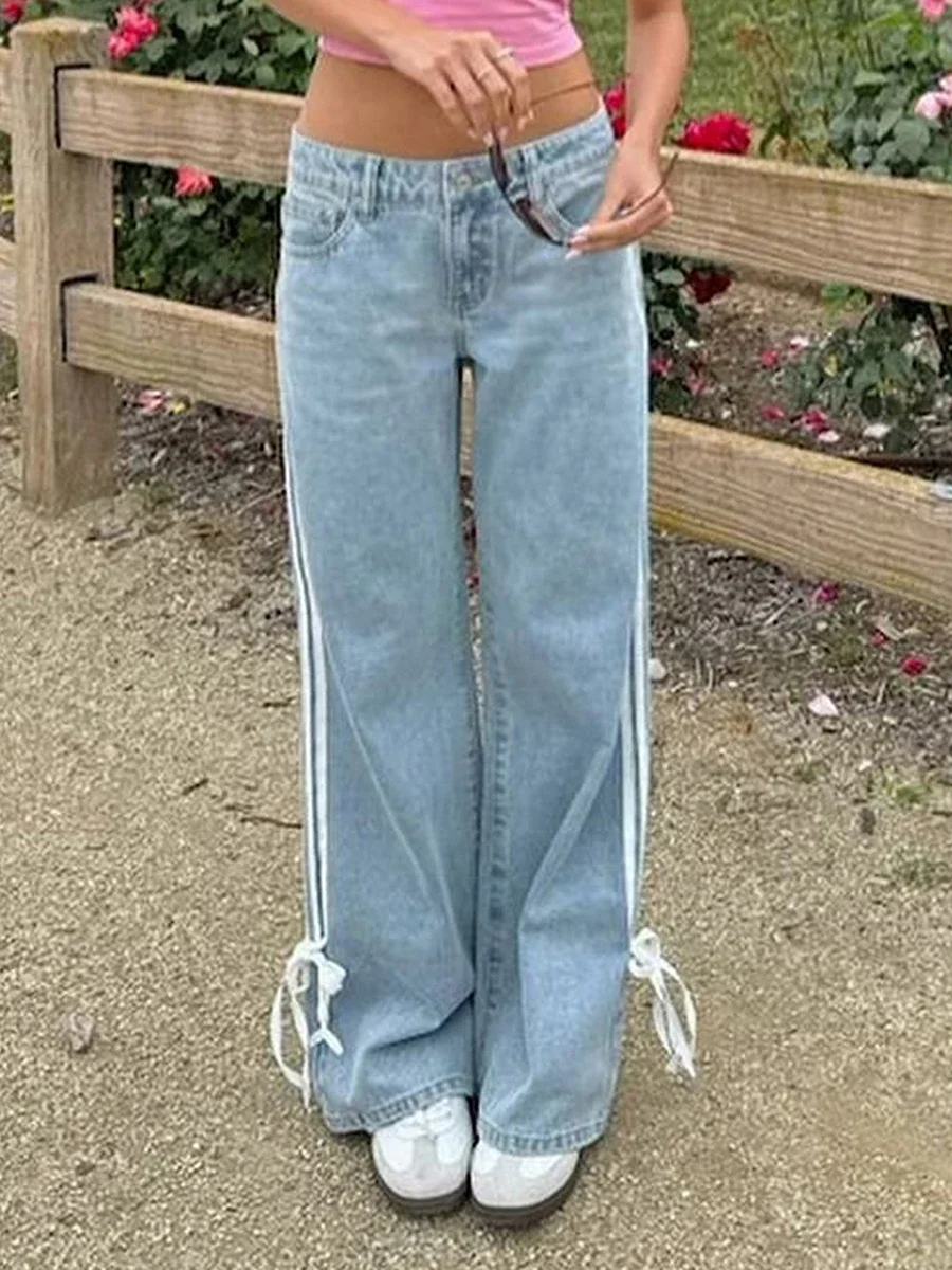 Womens Wide Leg Jeans High Waist Boyfriend Denim Pants Side Striped Print Straight Baggy Mom Jeans Y2k Streetwear