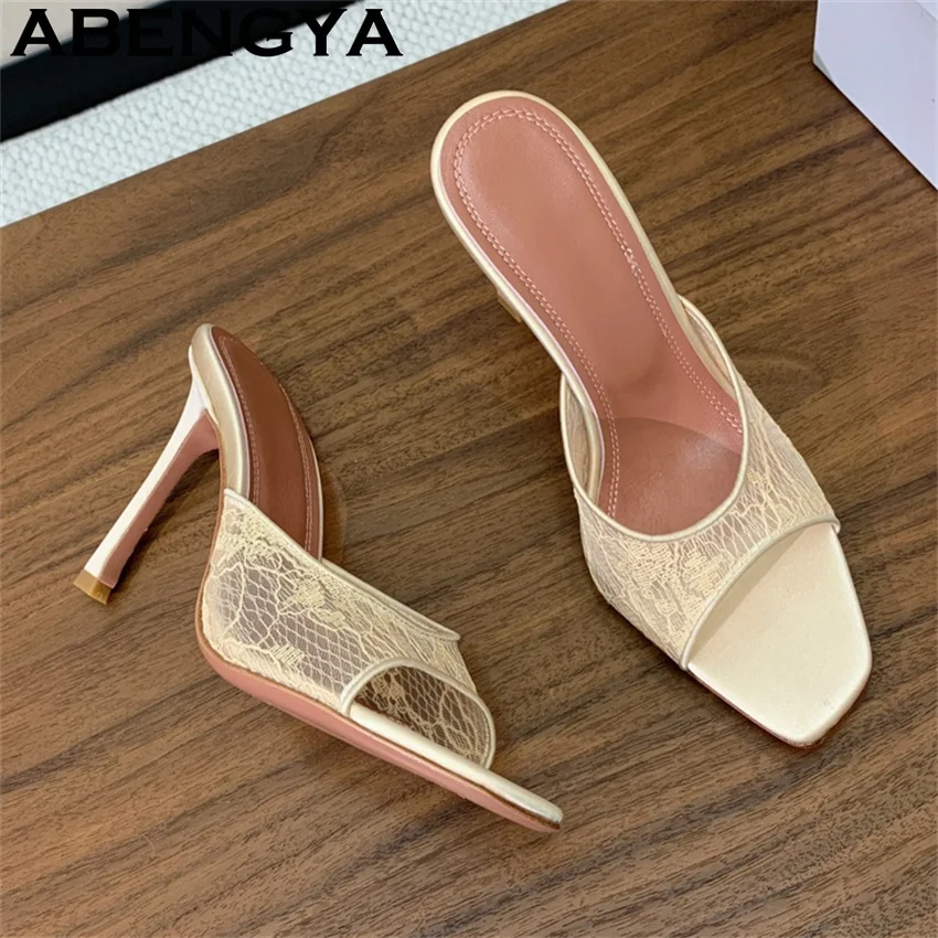 Lace Square Peep Toe Thin High Heels Slippers Women Sexy Slide Slingback Mules Slippers Woman Summer Dress Party Shoes Mujes