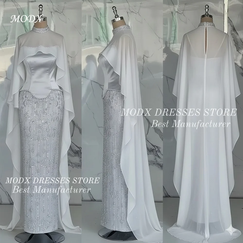 MODX Elegant Silver High-Neck Straight Arabic Evening Dress with Cape Customized Formal Celebrity Gowns Party Dress Quinceanera