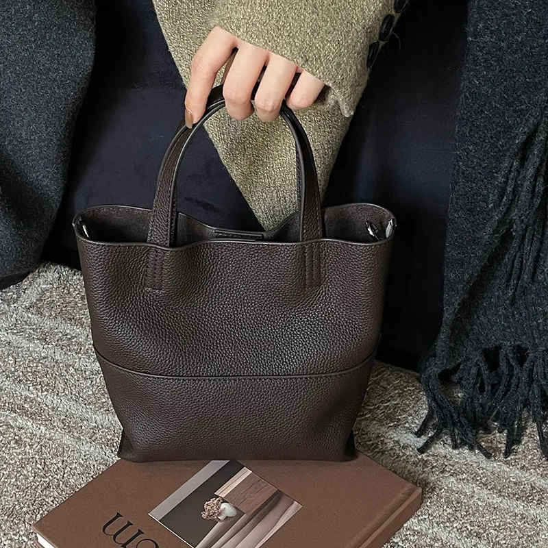 

Cowhide Bucket Tote Bag Casual Women Hobos Handbags New Women's Fashion Crossbody Bags Retro Solid Color Leather Shoulder Wallet