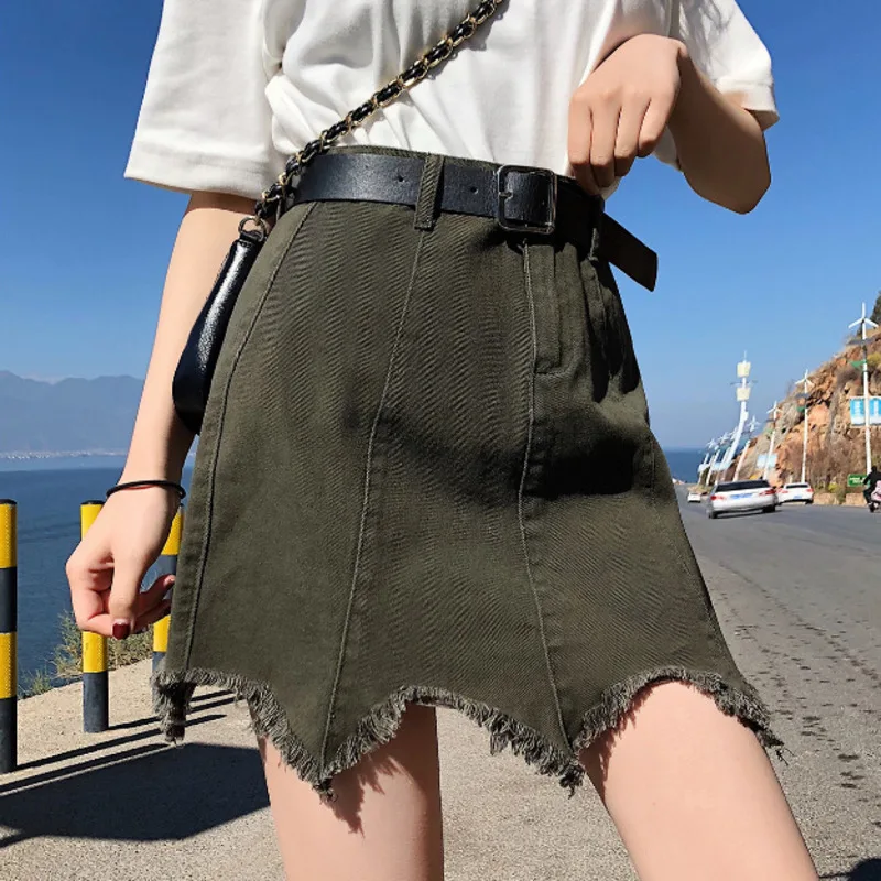 

Summer Black Fashion Women Distressed Skirts Pocket Pencil Skirts Female Plus Size Young Girls Irregular Raw Hem Denim Skirt