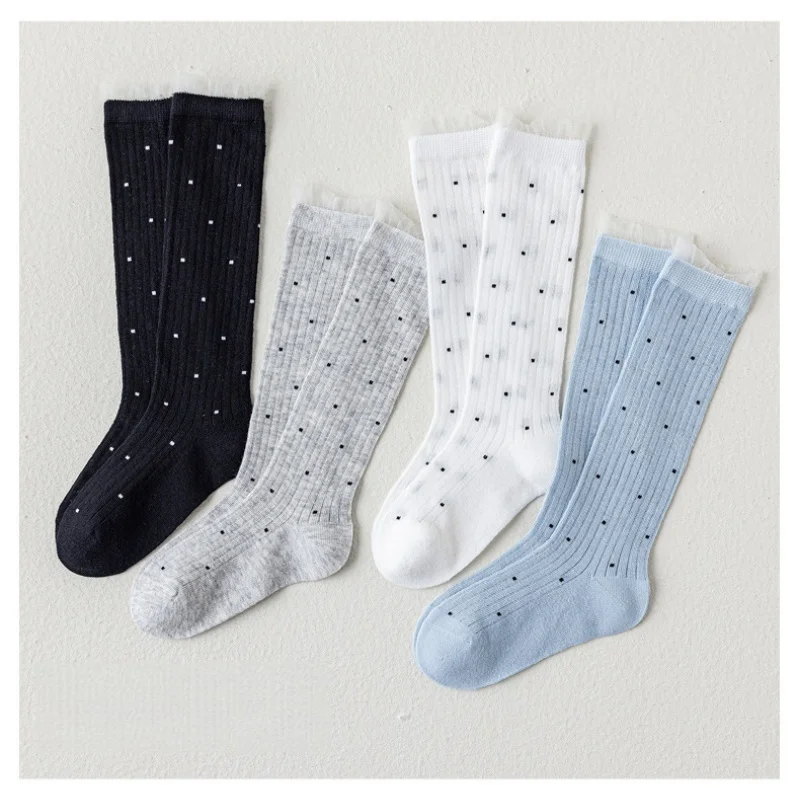 2026 Summer 3-12Y Kids Mid-Calf Socks Tiny Polka Dot Mesh Breathable Ribbed Cuff Thin Baby Girls Over-Calf Socks