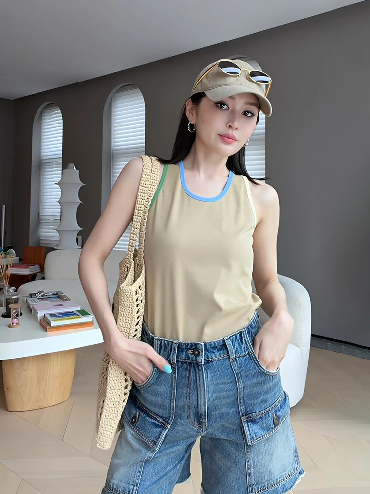 

Le Samedi Women's Slim Fit Cotton Tank Top Ribbon Party Breathable Combed Cotton Sleeveless Summer Casual Wear