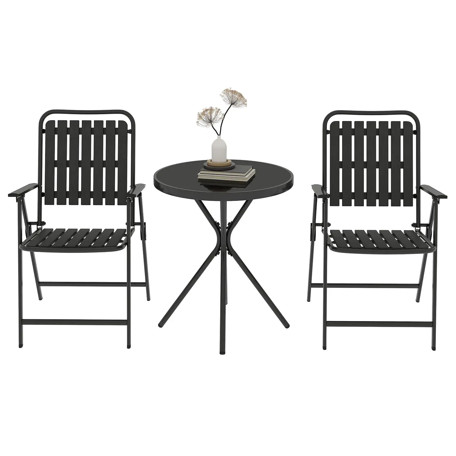 

3 Piece Outdoor Bistro Set, Patio Table and Chairs Set of 2, Small Balcony Furniture with Glass Top Table, Folding Bistro Patio
